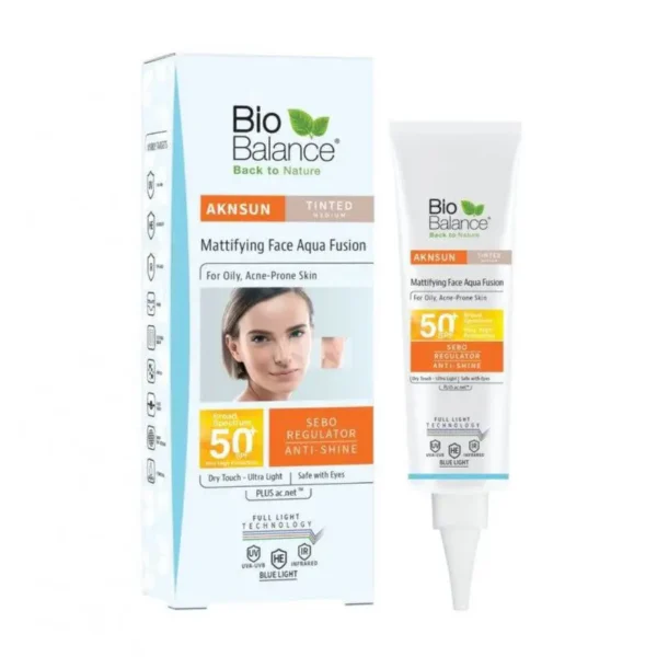 BIO BALANCE AKNSUN MEDIUM TINTED MATTIFYING AQUA FUSION SPF 50 DRY TOUCH - 40ML |بايو بالانس واقي شمسي للبشرة الدهنية بعامل حماية 50 مع لون - 40 مل