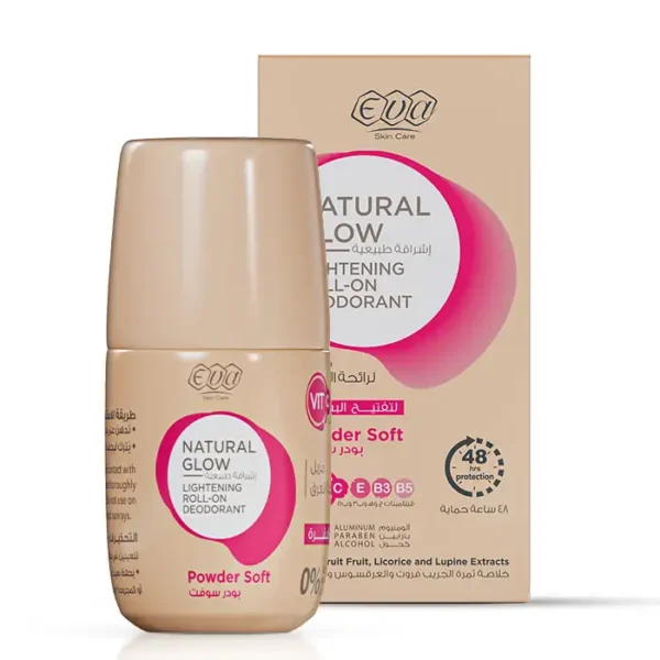 Eva Skin Care Natural Glow Lightening Roll On Deodorant " Powder Soft " - 60 Gm | ايفا ديودرنت خالي من الالمنيوم - باودر سوفت - 60غ
