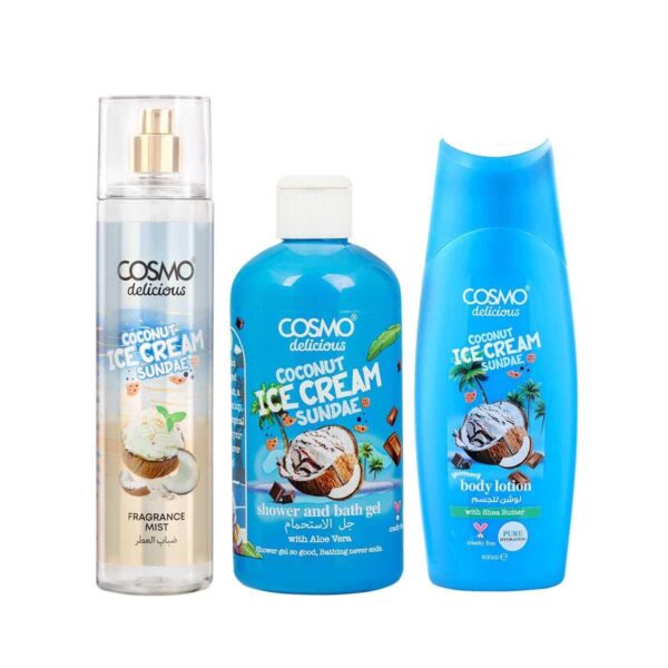 (Cosmo Skin Care Delicious Coconut Ice Cream Sundae 3 Pieces Gift Set For Women & Men (150ml Mist, 350ml Shower Gel, 200ml Body Lotion | مجموعة هدايا كوزمو كير المعطرة للجسم برائحة مثلجات آيس كريم جوز الهند اللذيذة - 3 قطع