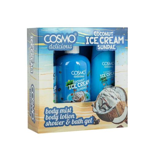 (Cosmo Skin Care Delicious Coconut Ice Cream Sundae 3 Pieces Gift Set For Women & Men (150ml Mist, 350ml Shower Gel, 200ml Body Lotion | مجموعة هدايا كوزمو كير المعطرة للجسم برائحة مثلجات آيس كريم جوز الهند اللذيذة - 3 قطع