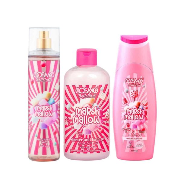 (COSMO Delicious Marshmallow Treat 3-Piece Set (Mist 150ml, Shower Gel 350ml, Body Lotion 200ml | مجموعة كوزمو المعطرة للجسم برائحة حلوى المارشميلو اللذيذة - 3 قطع
