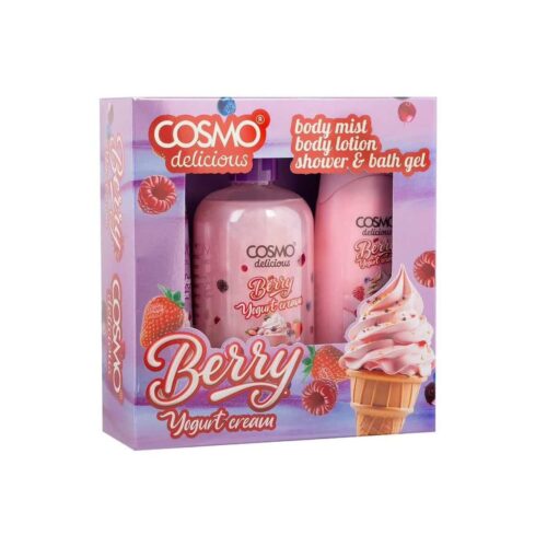 COSMO Delicious Berry Yogurt Cream 3 Pieces Gift Set For Women & Men (150ml +350ml +200ml ) | مجموعة كوزمو المعطرة للجسم برائحة كريمة زبادي التوت اللذيذة - 3 قطع