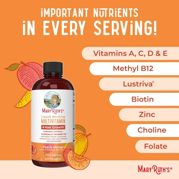 MaryRuth's Morning Multivitamin + Hair Growth - 650ml | ماري روث شراب متعدد الفيتامينات الصباحي مع محفز نمو الشعر - نكهة الخوخ والمانجو - 650 مل