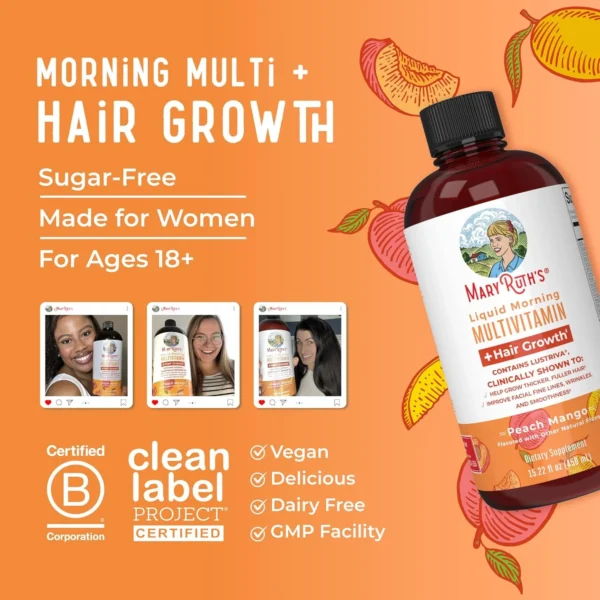 MaryRuth's Morning Multivitamin + Hair Growth - 650ml | ماري روث شراب متعدد الفيتامينات الصباحي مع محفز نمو الشعر - نكهة الخوخ والمانجو - 650 مل