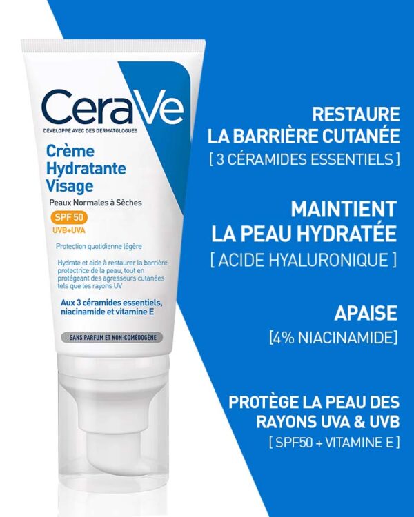 CERAVE Crème Hydratante Visage SPF 50 - 52ml | سيرافي كريم ترطيب الوجه الصباحي مع واقي شمس بحماية 50 - 52 مل