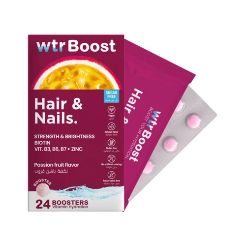 Wtr Boost Hair & Nails Strength Brightness Hydration Passion Fruit flavor 36 Tablets | وتر بوست اقراص فوار لتقوية الشعر والأظافر بنكهة الباشن فروت – 36 قرص
