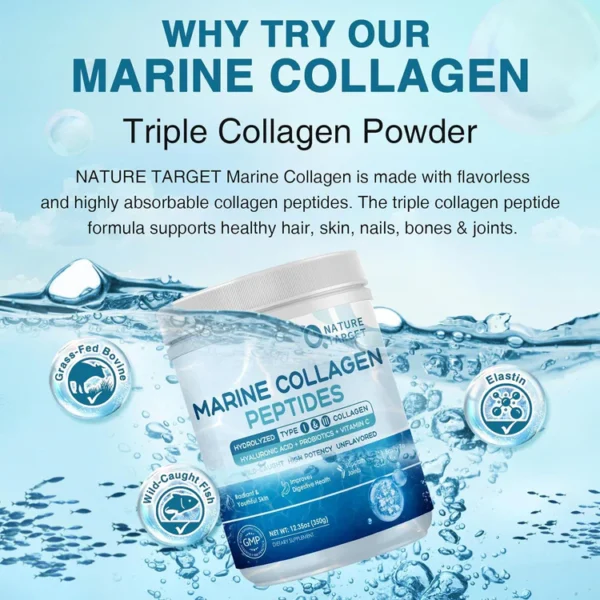 Nature Target Marine Collagen Peptides Powder, 10 Billion CFUs - 350g | نيتشر تارجت بودرة ببتيدات كولاجين بحري 10 مليار بروبيوتيك - 350 جرام