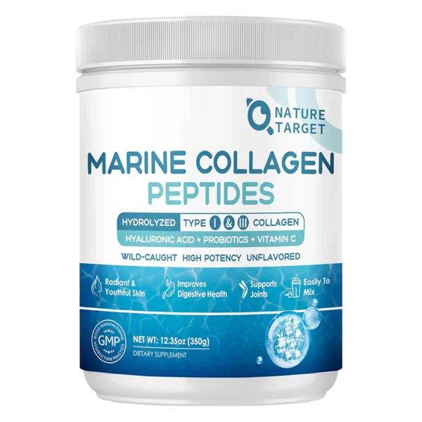 Nature Target Marine Collagen Peptides Powder, 10 Billion CFUs - 350g | نيتشر تارجت بودرة ببتيدات كولاجين بحري 10 مليار بروبيوتيك - 350 جرام